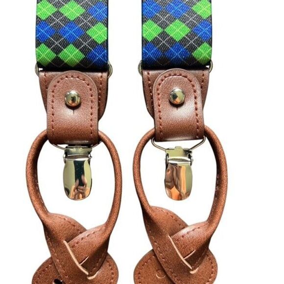 English Laundry Suspenders Plaid Blue Green Royal Tartan Adjustable New In Box - Picture 2 of 6